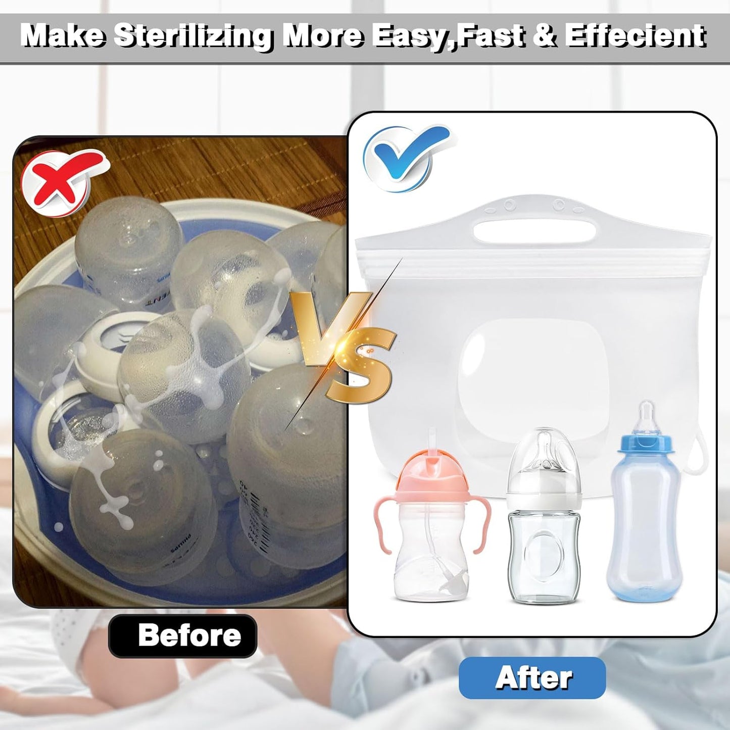 2L Silicone Microwave Steam Sterilizer Bag for Baby Bottles, Reusable Sterilizing Bag for Breast Pump Accessories, Pacifiers and Teethers, Great for Home and On-The-Go