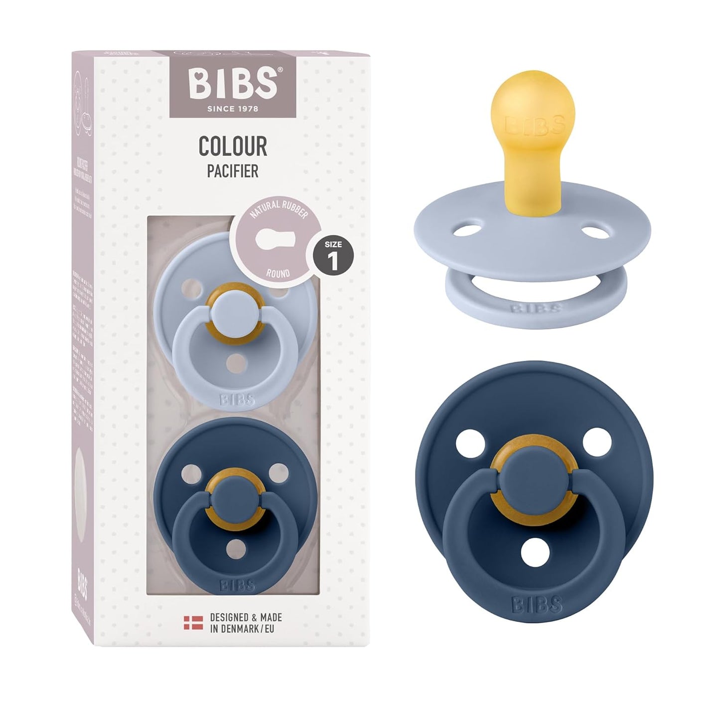 BIBS Pacifiers Colour Collection | Natural Rubber Baby Pacifier | Set of 2 BPA-Free Soothers | Made in Denmark | 0+ Months (Pack of 2) | Dusty Blue/Steel Blue