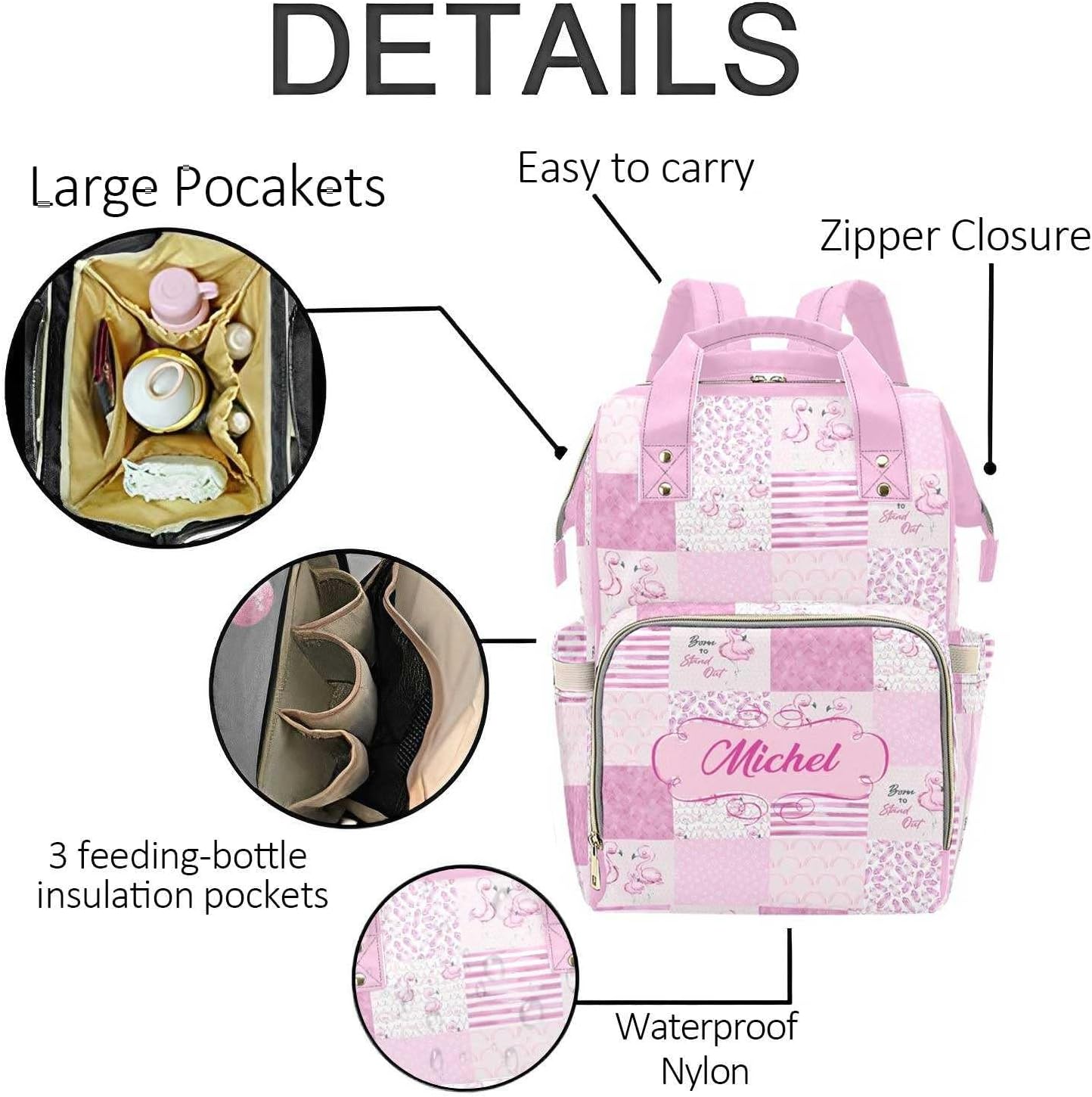 Custom Flamingo Baby Diaper Bag with Name – Personalized Nursing Travel Tote Backpack for Mom or Dad, Custom Name Baby Daypack Gift