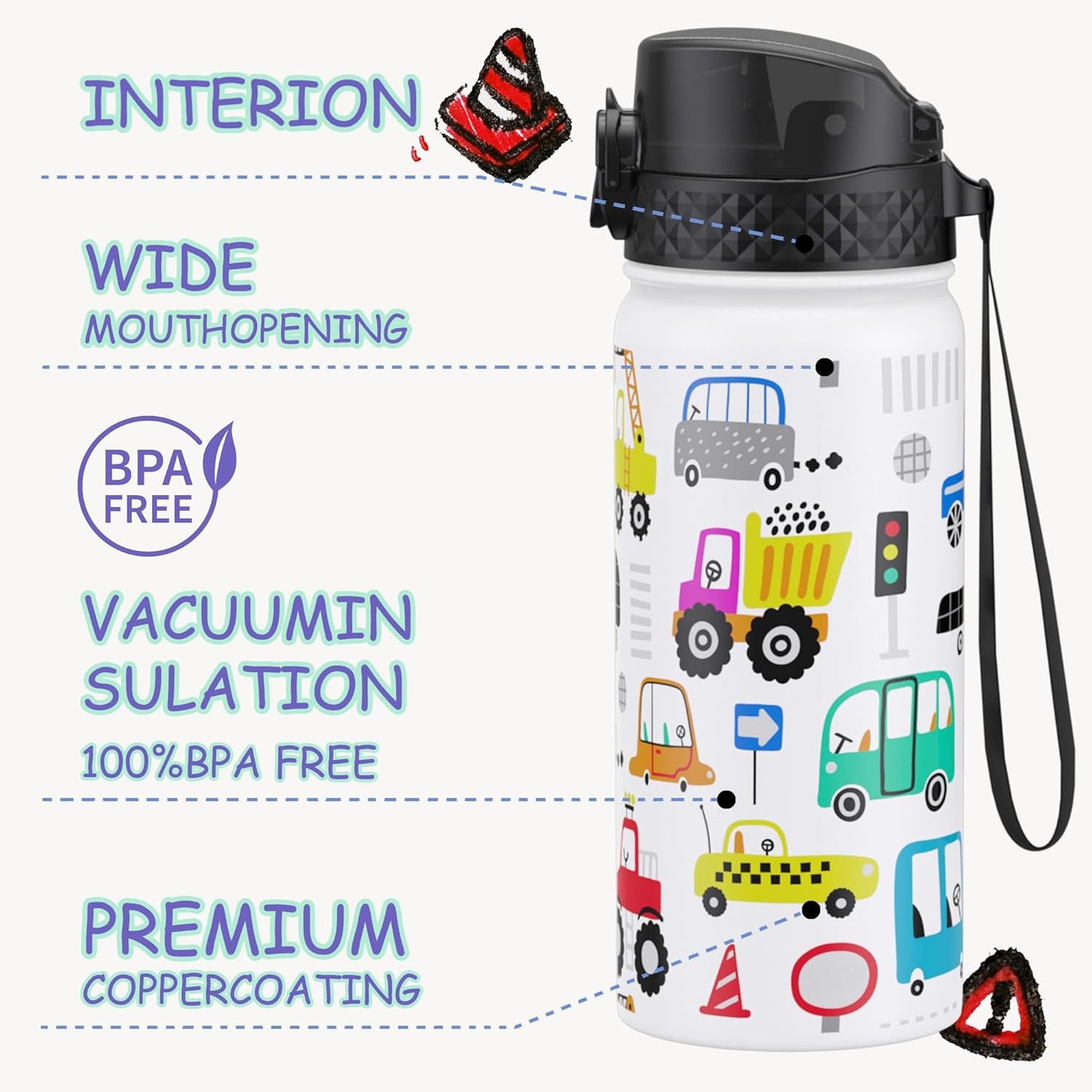 GOPPUS Kids Water Bottle (Straw Lid) - 18 Oz Stainless Steel Travel Bottle, Double Wall Vacuum Leak Proof Kids Cup for School Boys Girls,White engineering car