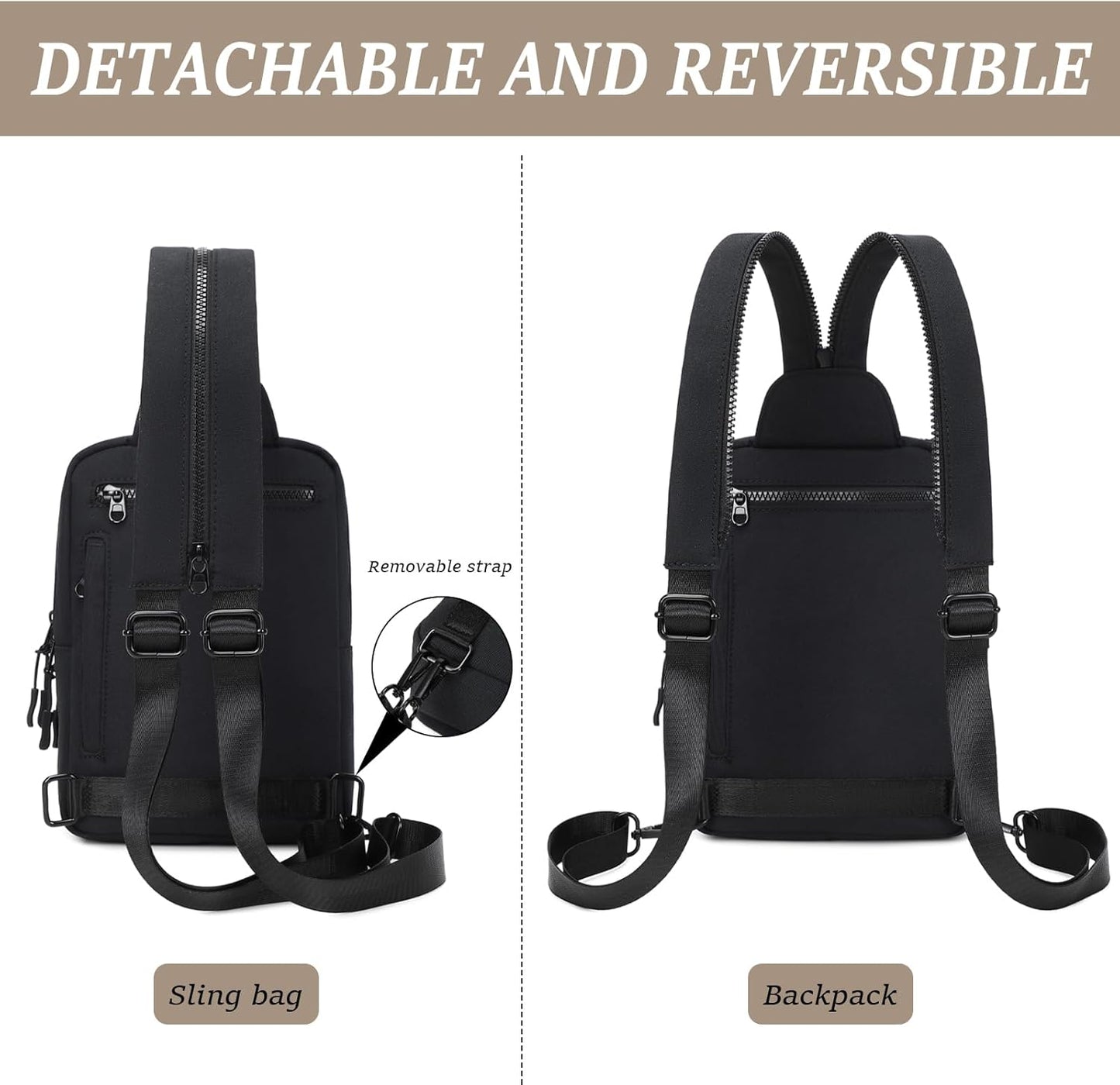 MYHOZEE Sling Bag Crossbody Backpack Purse - 2 in 1 Nylon Cross Body Bag Diaper with Wipes Pouch, Water Bottle Pocket