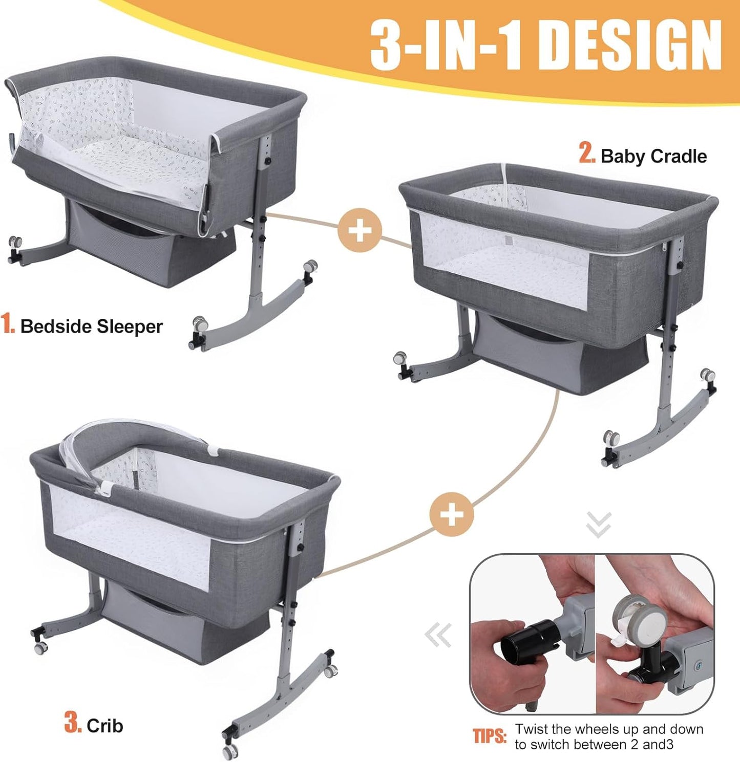 3-in-1 Baby Bassinet Bedside Sleeper for Newborns & Infants - 6-Level Height Adjustable, Portable Convertible Bassinet/Cradle with Mosquito Net, Storage Basket & Wheels,Easy Assemble (Grey)