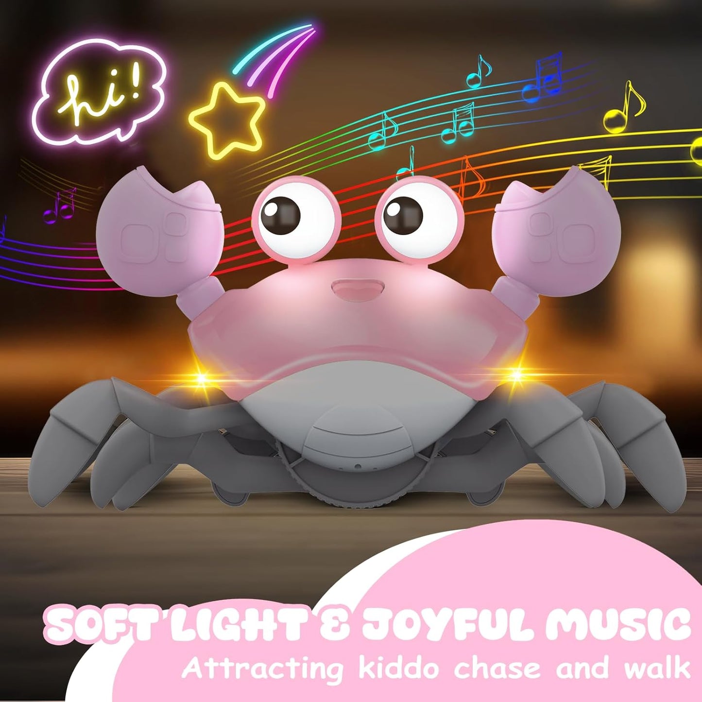 Crawling Crab Baby Toy, Tummy Time Girl Gifts for Babies 3-6 6-12 Month, Light-Up Walking Dancing Moving Crab with Music & Obstacle Avoidance, Rechargeable Musical Toys 1 Year Old Girls Gift (Pink)