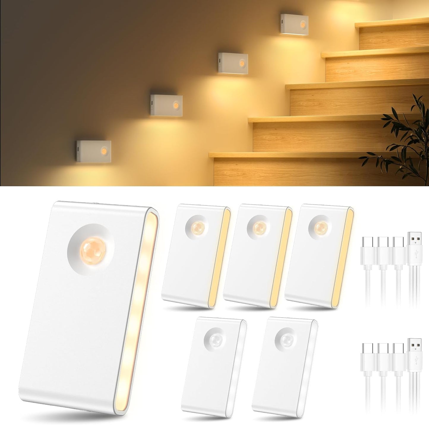 YiaMia Stair Lights Motion Sensor Indoor, 6-Pack Rechargeable Night Lights with 3 Color Modes, Wireless Under Cabinet Lighting for Stairs, Hallway, Kitchen, Bathroom