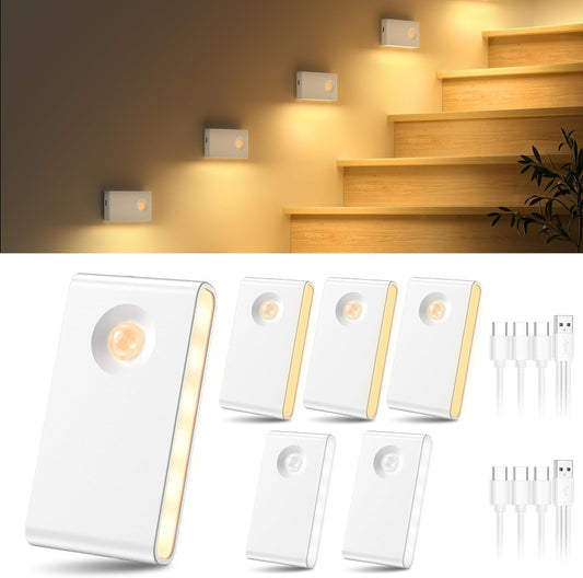 YiaMia Stair Lights Motion Sensor Indoor, 6-Pack Rechargeable Night Lights with 3 Color Modes, Wireless Under Cabinet Lighting for Stairs, Hallway, Kitchen, Bathroom