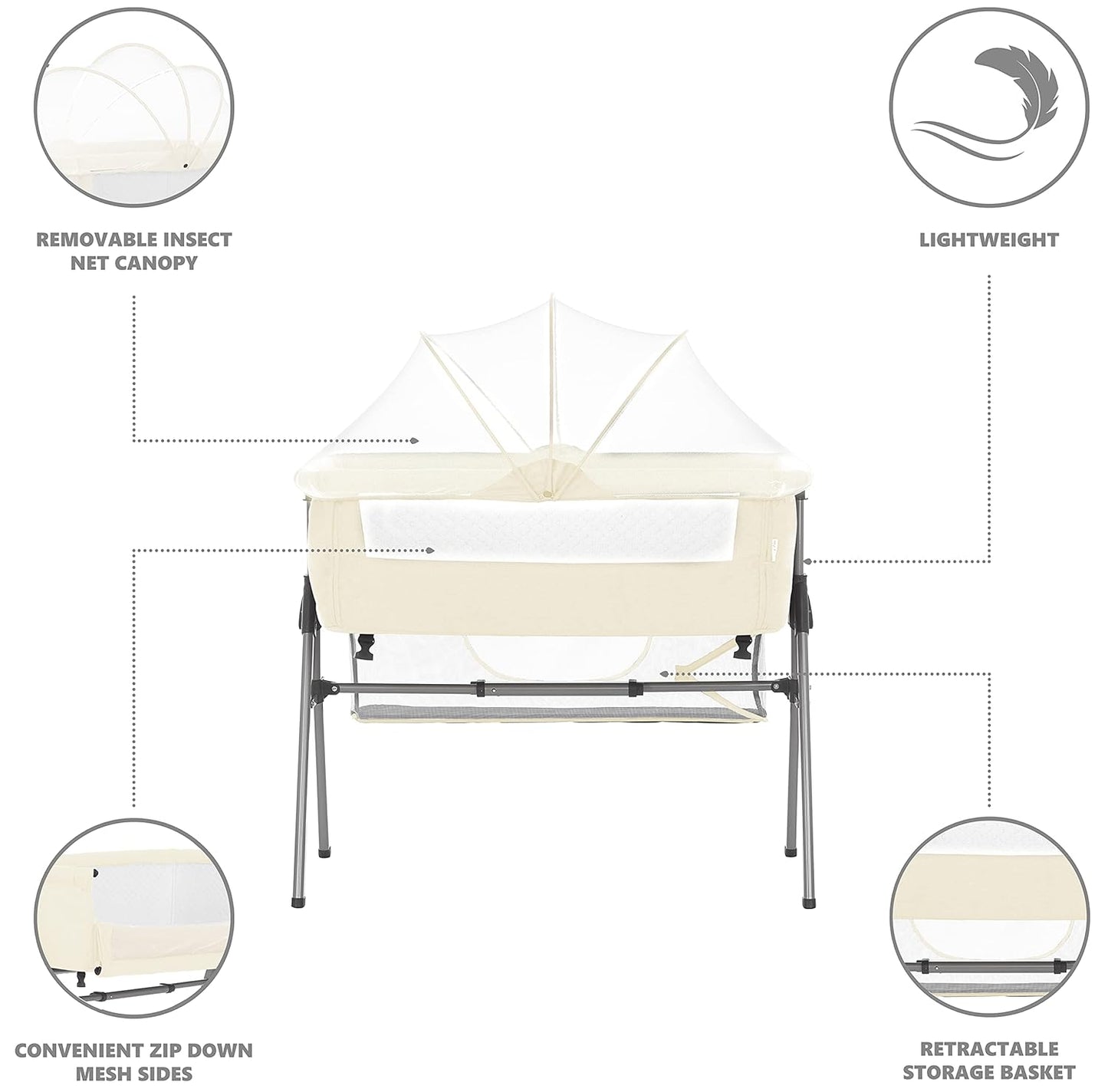 Dream On Me Lotus Bassinet and Bedside Sleeper in Ivory, Lightweight and Portable Baby Bassinet, Adjustable Height Position, Easy to Fold and Carry Travel Bassinet- Carry Bag Included
