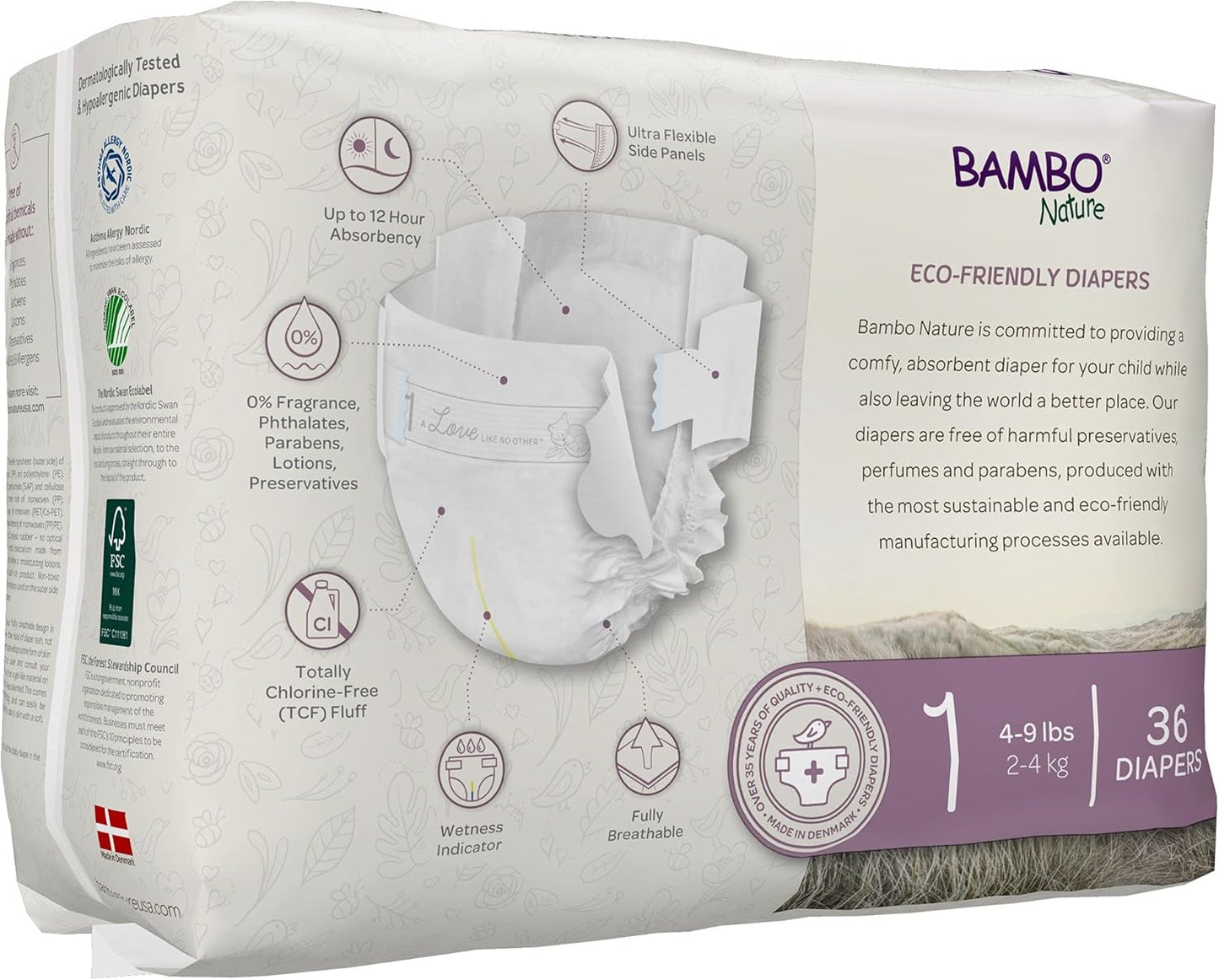 Bambo Nature Hypoallergenic Dream Baby Diapers, Premium Eco-Labeled Sustainable Diapers, Enhanced Leakage Protection, Totally Chlorine-free, Skin Friendly, and Super Absorbent - Size 1 (108 Count)
