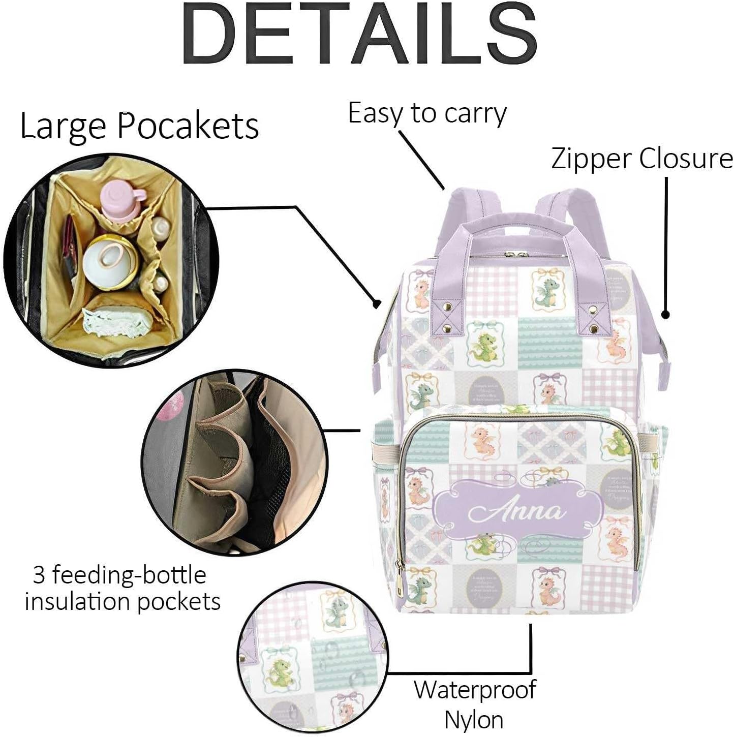 Personalized Cute Dragon Diaper Bag with Name – Custom Baby Bag, Nursing Tote Backpack for Mom, Custom Name Mommy Daypack, Shower Gift for Baby