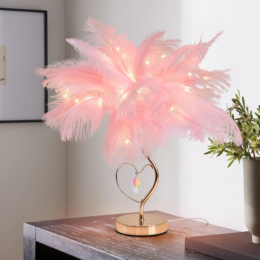 Pink Ostrich Feather Lamp Creative Furry Bedside Lamp Romantic Feather Table Lamp Fluffy Nightstand Lights for Girl Bedroom Wedding Decor Valentines Dating Livingroom Hotel Office