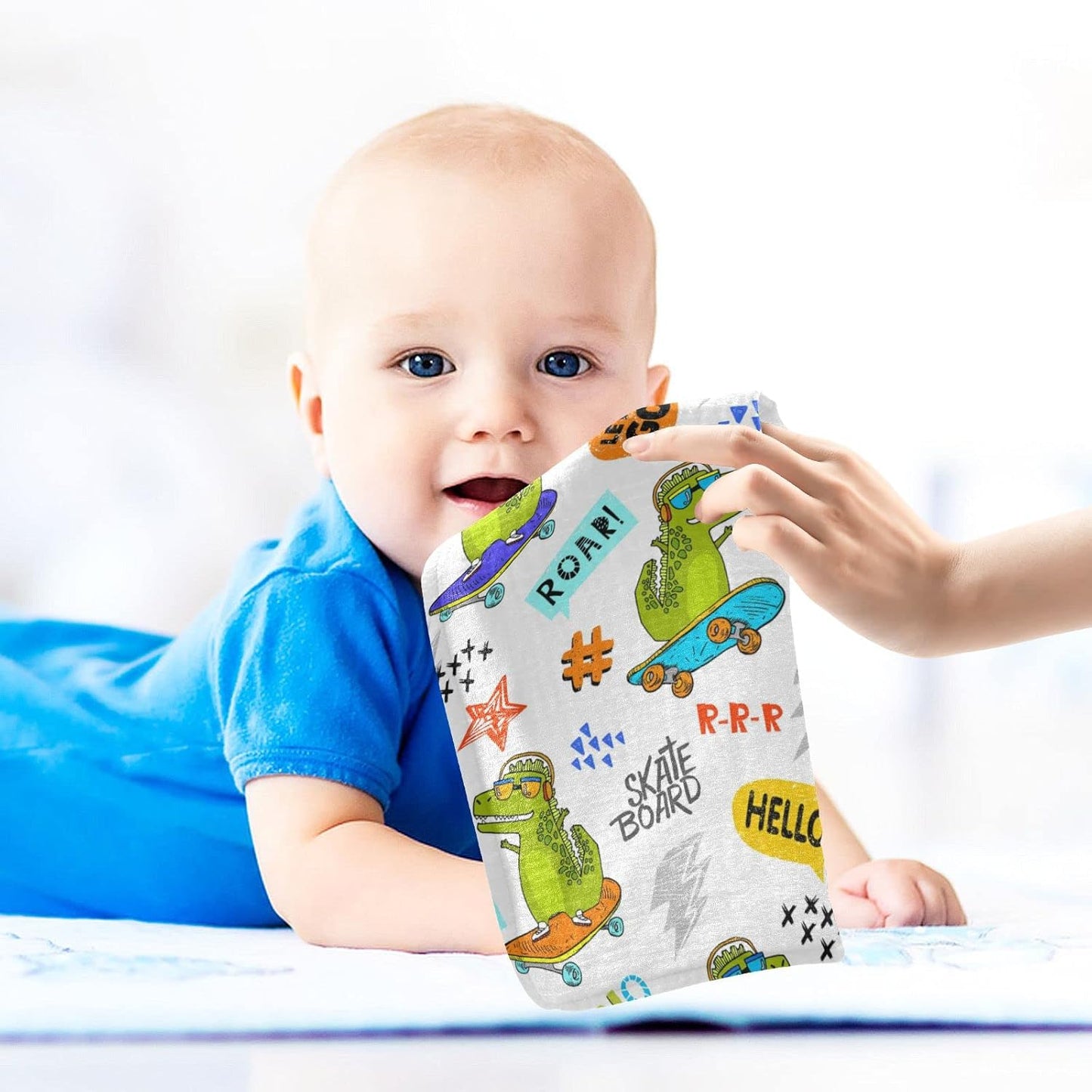 Funny Dinosaur Skateboarding Baby Muslin Washcloths Cartoon Animal Dino Burp Cloths Soft Absorbent Baby Wash Cloth Fingertip Face Towels for Newborn Boys Girls 12 x 12 in, 3 Pack