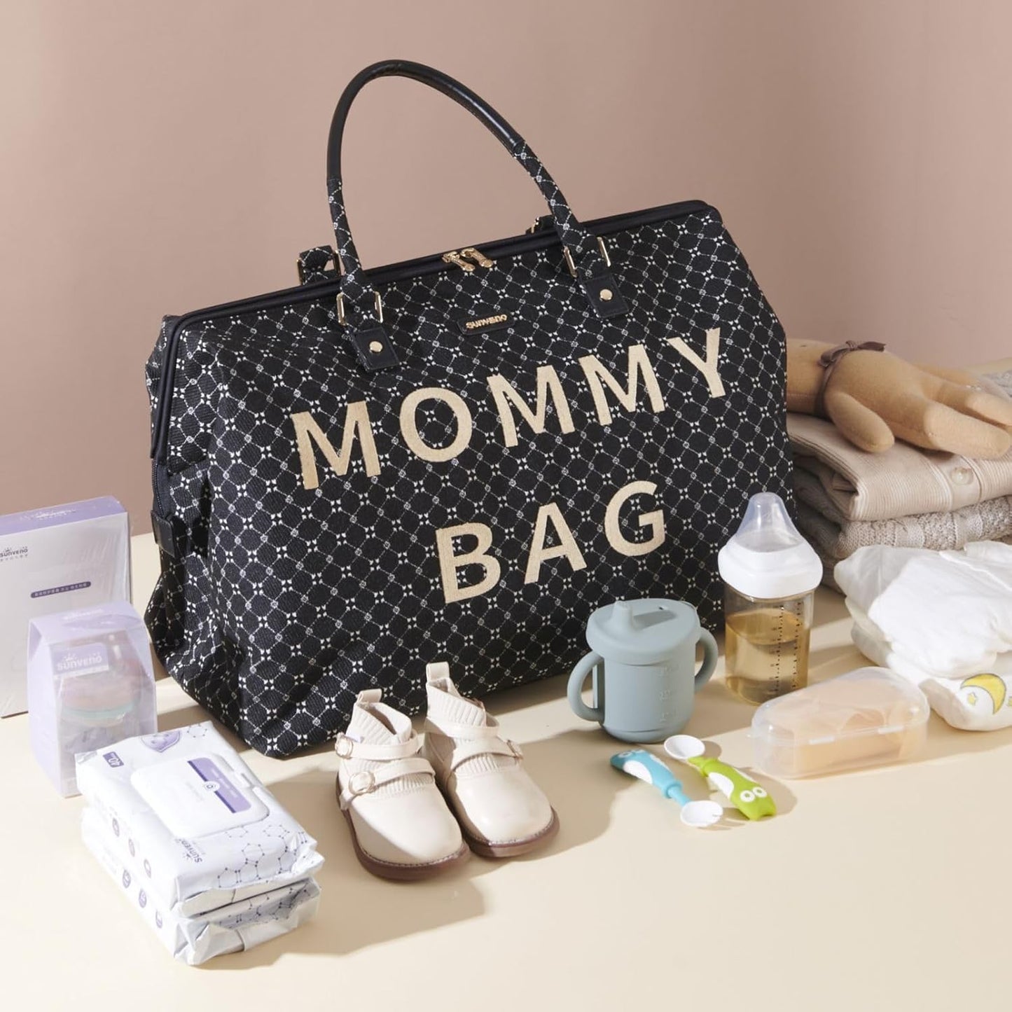 SUNVENO Large Diaper Bag Tote, Mommy Weekender Travel Bag for Mom & Baby, with 2 Pouches, Changing Pad & Luggage Sleeve