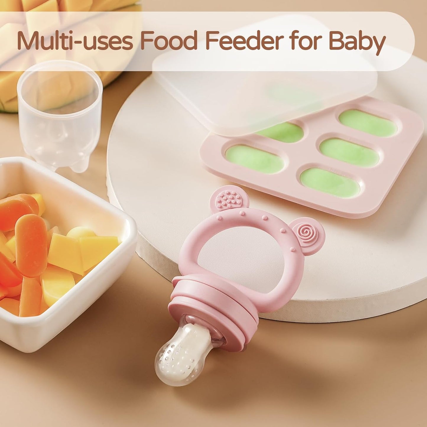 2 Pack Silicone Baby Fruit Feeder with Mini Freezer Tray, Breastmilk Popsicle Molds for Infant Teething Relief, Baby Teethers, Fresh Food Feeder for Safe Infant Self Feeding - Purple