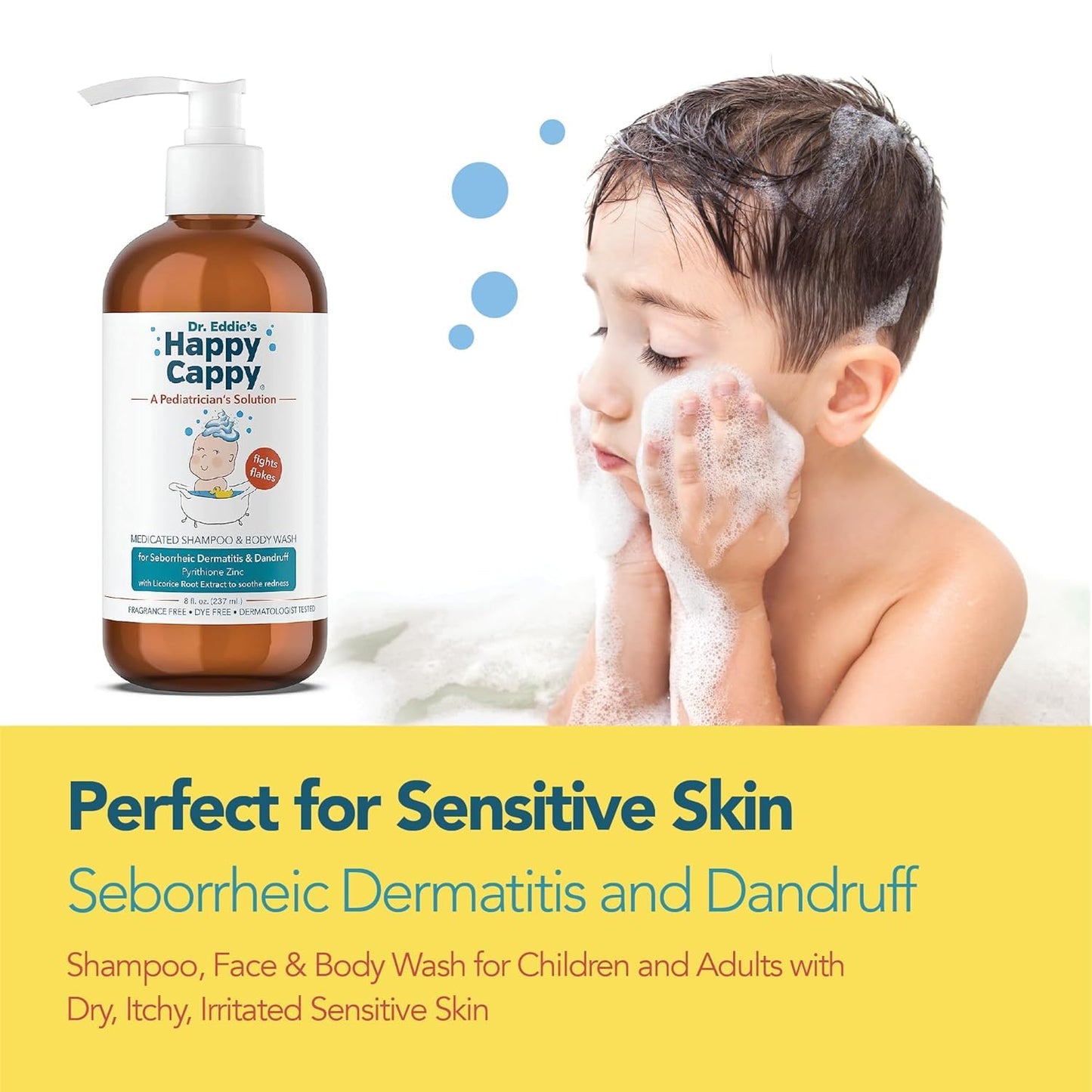 Happy Cappy Cradle Cap Medicated Shampoo and Body Wash with Comb - Baby Dandruff Shampoo, Helps Infants with Seborrheic Dermatitis, Reduces Flakes, Dermatologist Tested, Fragrance Free - 8 fl oz