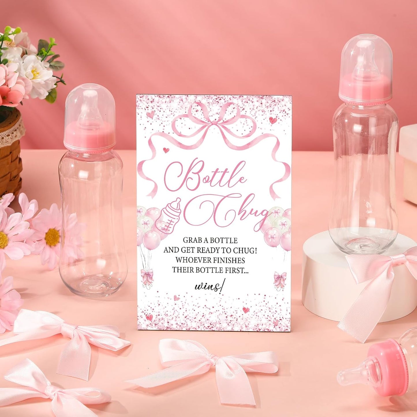 TrelaCo Cool Baby Shower Games Bottle Chug Sign and 12 Pcs Baby Bottle Shower Favor Baby Bottles for Baby Shower Games Gender Reveal (Pink Bow)
