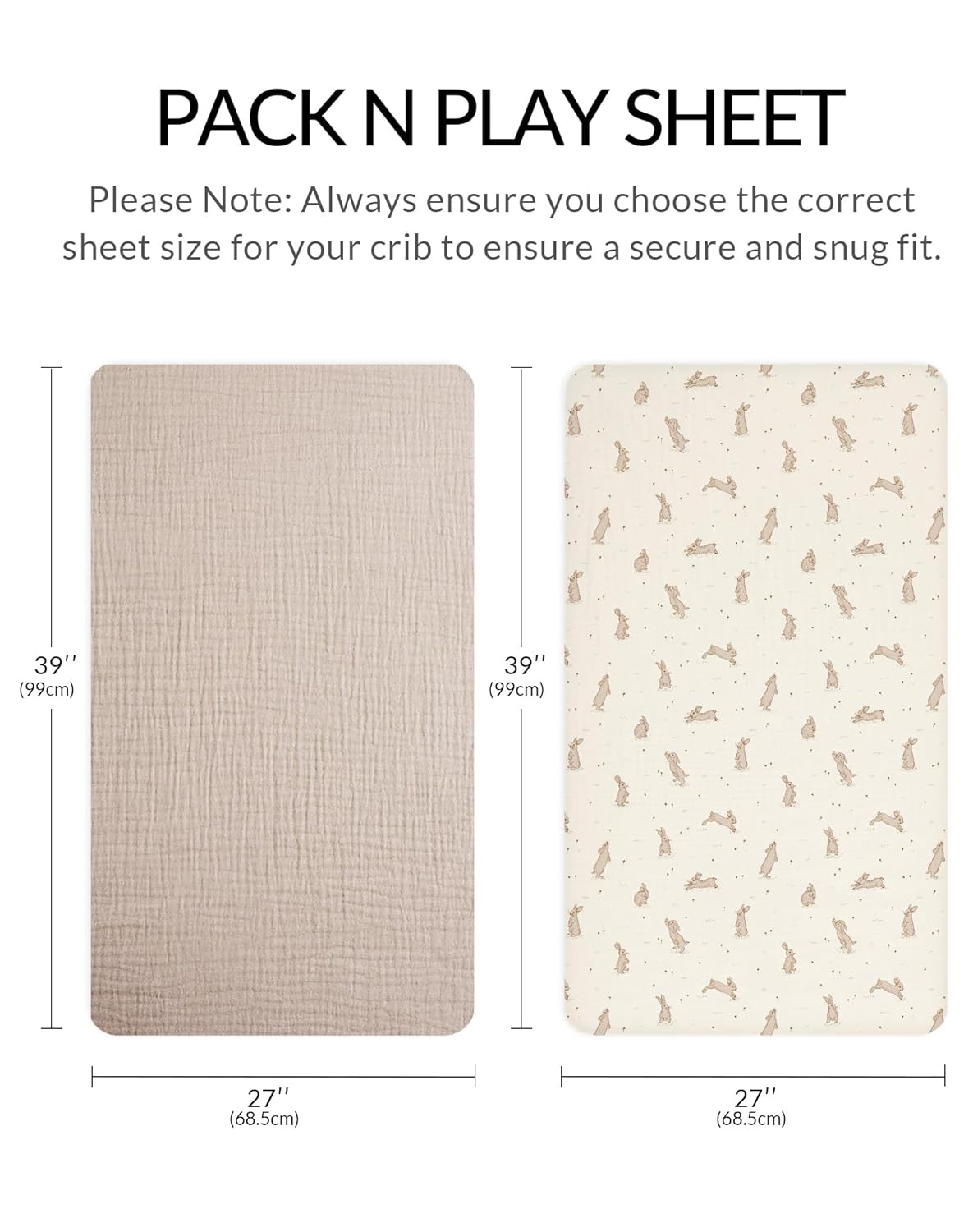 Pack and Play Sheets for Baby Boy and Girl 2 Pack, Neutral Muslin Cotton Pack N Play Mattresses Sheet 27"x39", Muslin Nursery Bedding Soft and Breathable Comfort (Hopping Bunnies & Beige)