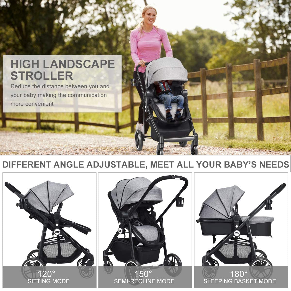 INFANS 2 in 1 Baby Stroller, High Landscape Infant Stroller & Reversible Bassinet Pram, Foldable Pushchair with Adjustable Canopy, Cup Holder, Storage Basket, Suspension Wheels (Volcanic Ash)