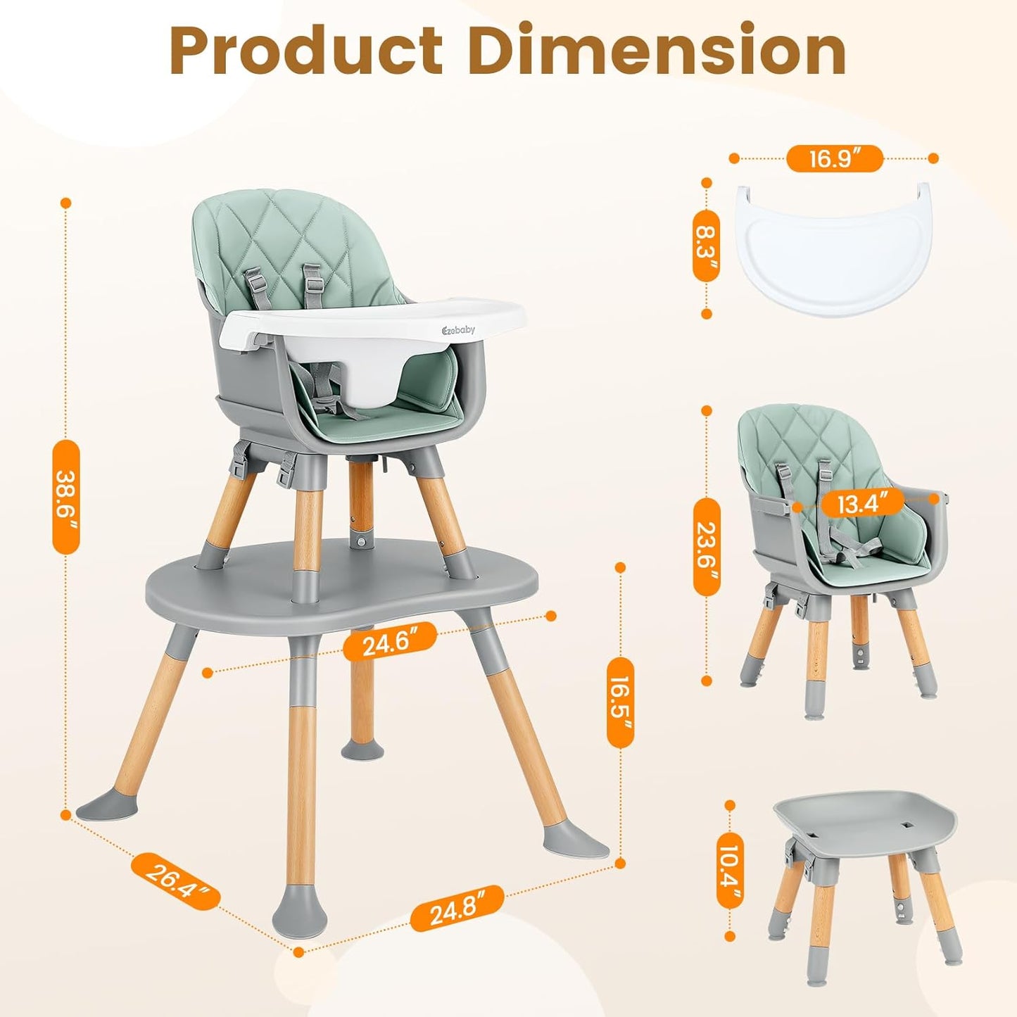 Ezebaby Convertible Baby High Chair with Table & Seat, 8-in-1 Adjustable Toddler Feeding Chair, Multi-Stage Infant to Kid Dining Booster Seat with Safety Harness, Easy to Clean & Sturdy Design(Green)