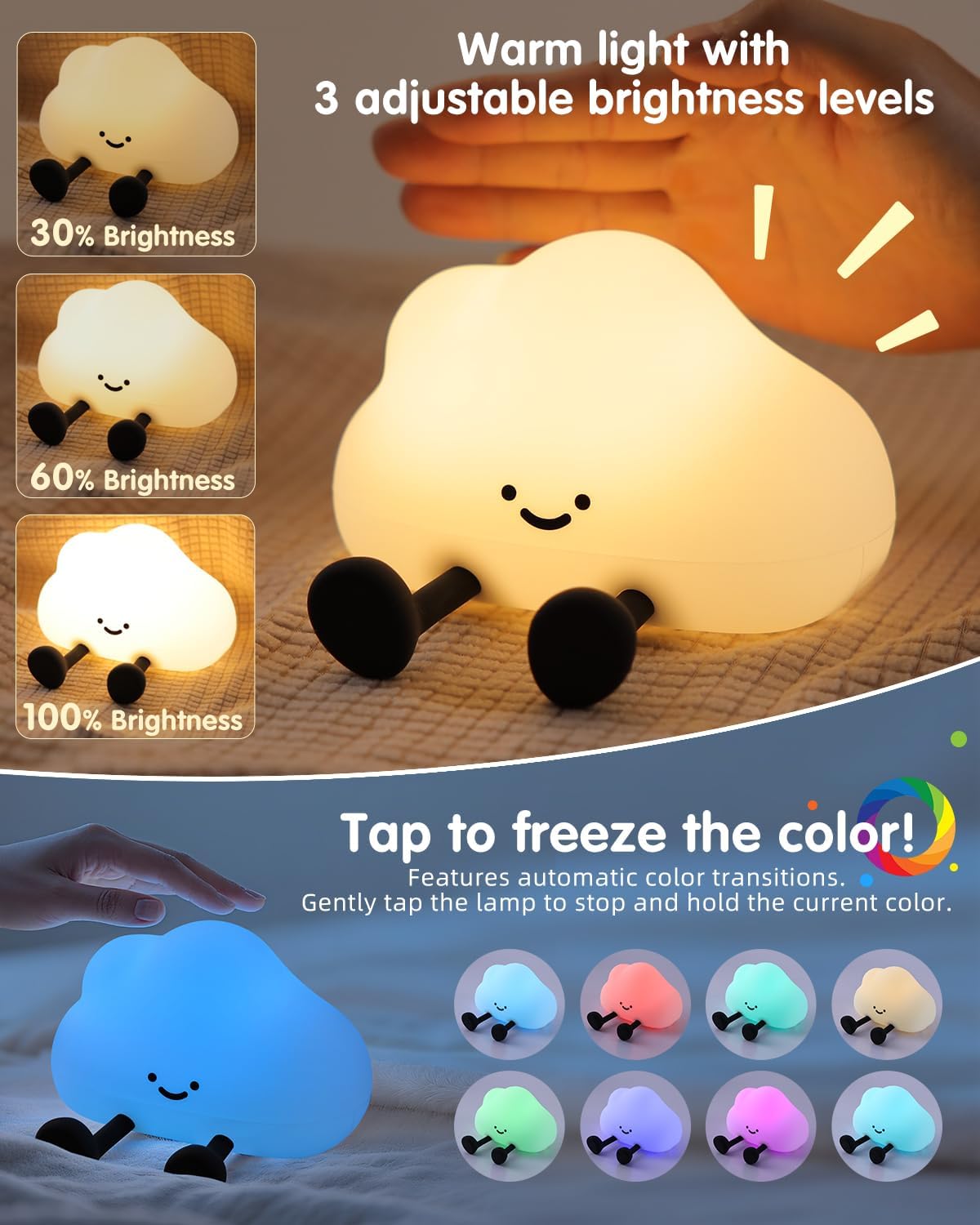 YISUN Cloud Night Light, Colorful Silicone Night Lights for Nursery, Rechargeable Dimmable Bedside Lamp with Timer, Soft Squishy Night Lamp Portable Kids Gift for Girls, Boys, Babies