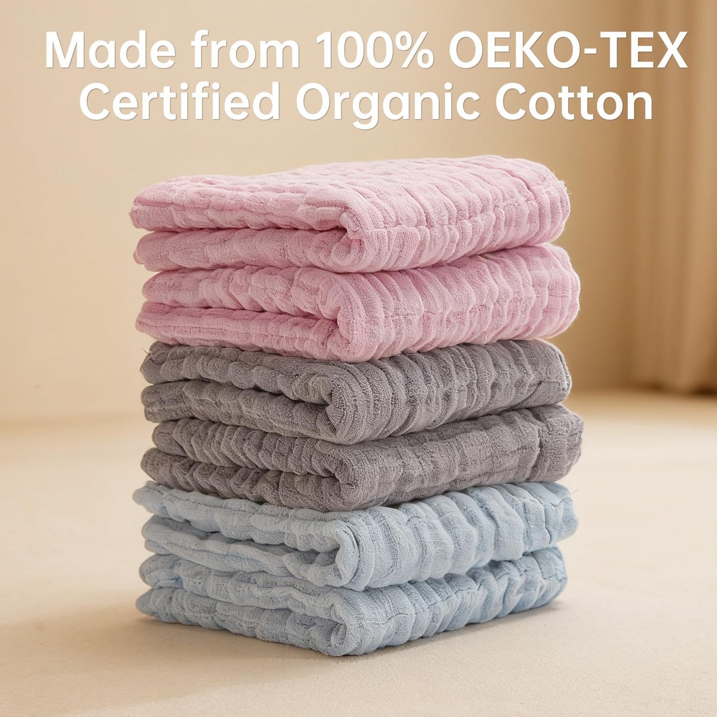 Organic Muslin Baby Washcloths 6 Pack Baby Bath Face Towel 12x12 Inch Extra Absorbent and Soft Burp Cloth and Wash Cloths for Newborn-Infants On Sensitive Skin (Pink Grey Blue)