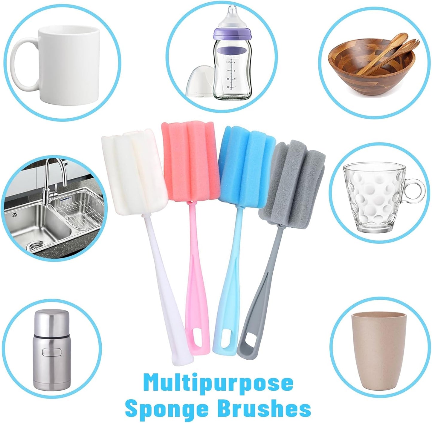 Bottle Brush Sponge 4PCS Cup Washer Brush Long Handle Cleaner Brush for Baby Bottle Glasswares Mugs Cups Kitchen Clean (4 PCS)
