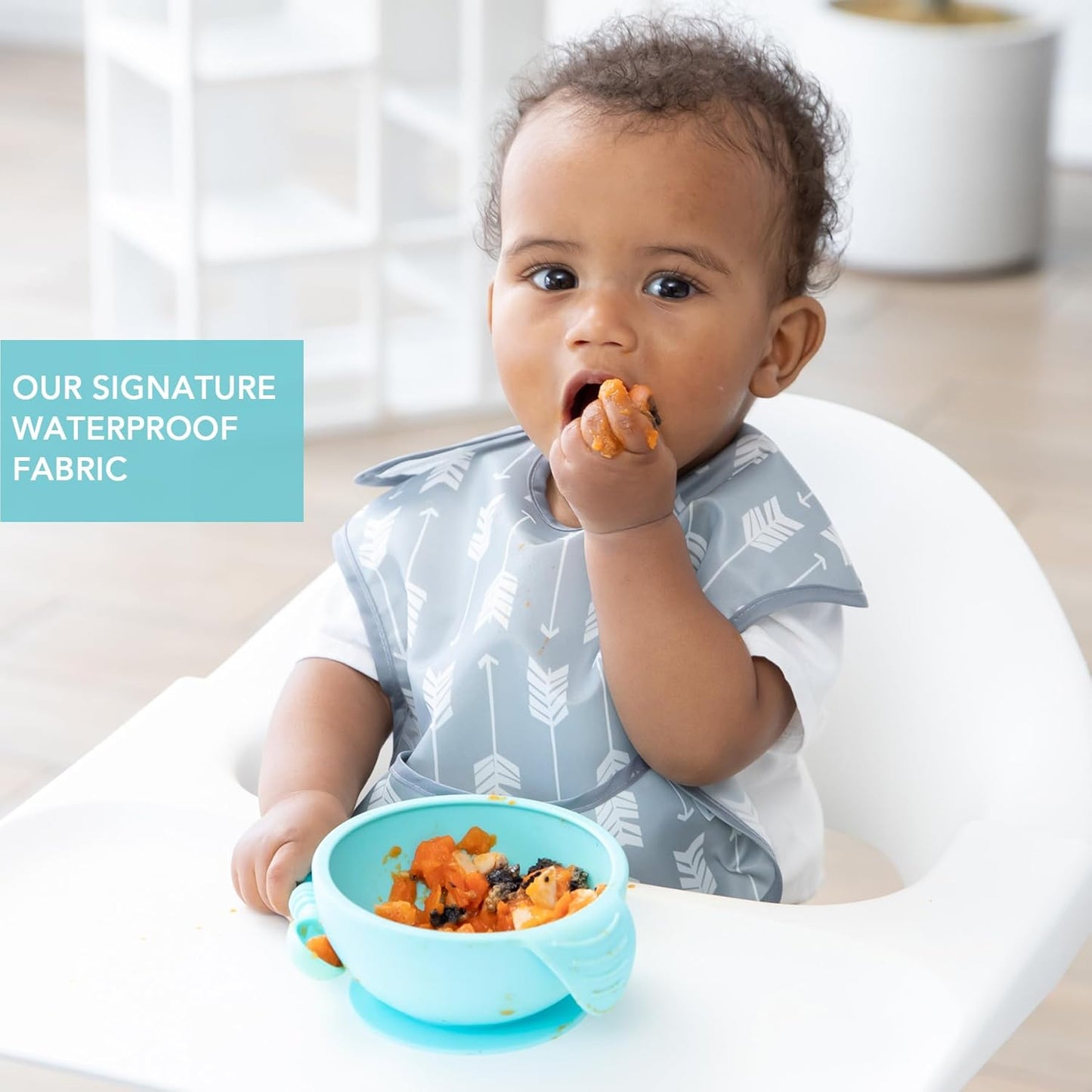 Bumkins Bibs for Girl or Boy, SuperBib Baby and Toddler for 6-24 Mos, Essential Must Have for Eating, Feeding, Baby Led Weaning Supplies, Mess Saving Catch Food, Waterproof Soft Fabric, Gray Arrows