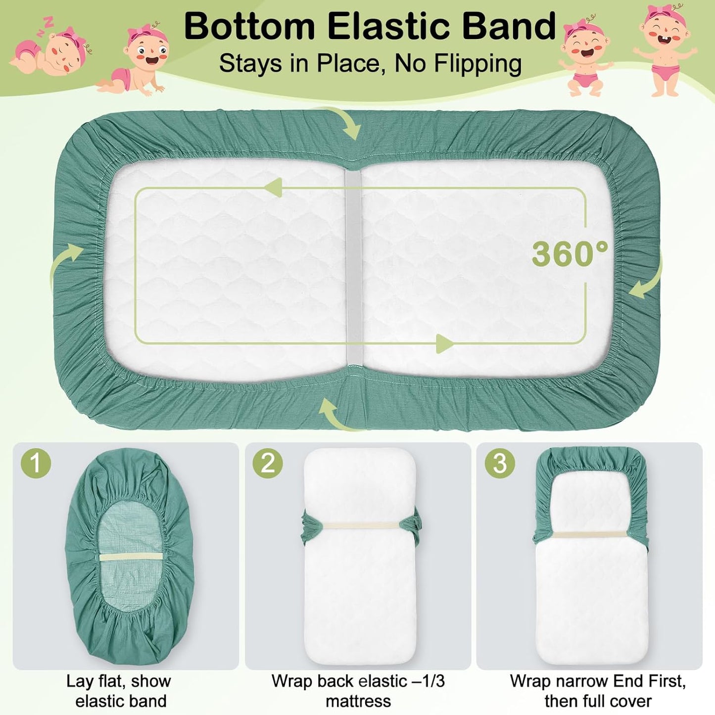 Baby Bassinet Sheets TPU Waterproof 2 Pack Soft Muslin Bedside Bassinet Mattress Sheets with Bottom Elastic Band for Baby Boy Girls Unisex Fit Hourglass Oval and Rectangle, Green Ivory