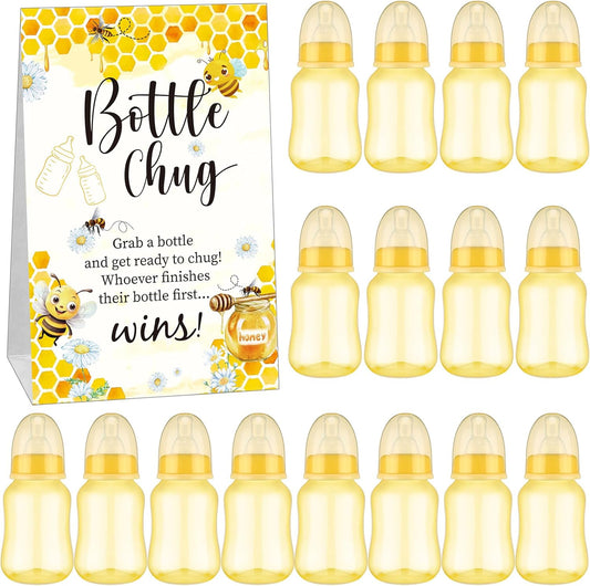 TrelaCo Bottle Chug Baby Shower Game 20 Pcs Baby Bottles Shower Favor with 1 Bee Theme Sign for Gender Reveal Party Supplies Gifts(Yellow)