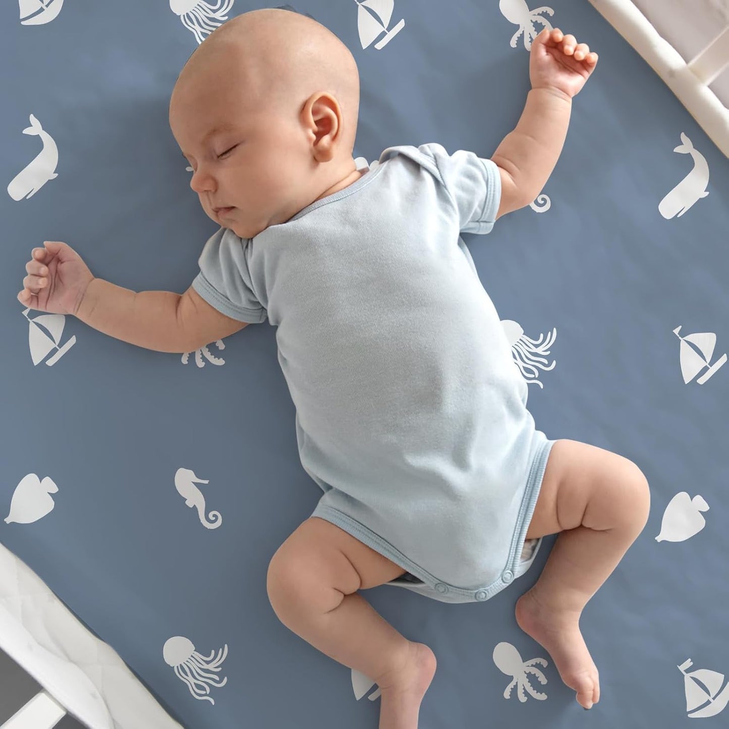Nap Mat Sheet 47"x24", 3 Pack Blue Ocean Sailor Baby Crib Sheets Fitted Elastic Corners, Preschool Day Care Rest Mat Cover, Soft Breathable - Compatible with Regalo My Cot, Joovy Travel Cot