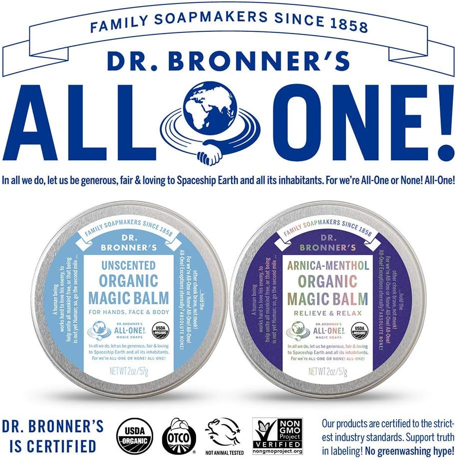 Dr. Bronner's - Organic Magic Balm (2 oz Variety Pack) Arnica-Menthol & Baby Unscented - Made with Organic Beeswax & Hemp Oil, Moisturizes and Soothes Hands, Face & Body | 2 Count