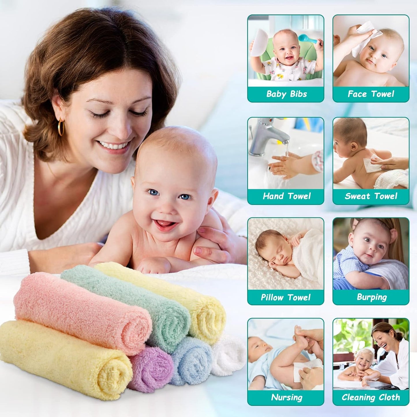 HOMEXCEL Baby Washcloths 50 Pack, Microfiber Coral Fleece Baby Bath Face Towel 7 x 9 Inch Extra Absorbent and Soft Burp Cloth and Wash Cloths for Newborn,Infants and Toddlers, Gentle On Sensitive Skin
