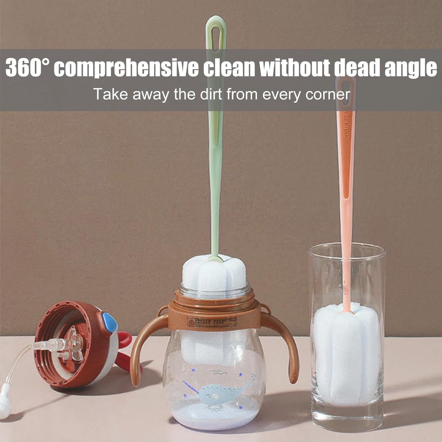 4 Pcs Sponge Bottle Brush, Long Handle Bottle Brush Portable Bottle Cleaning Brush with Handle for Bottles Cups Teapot