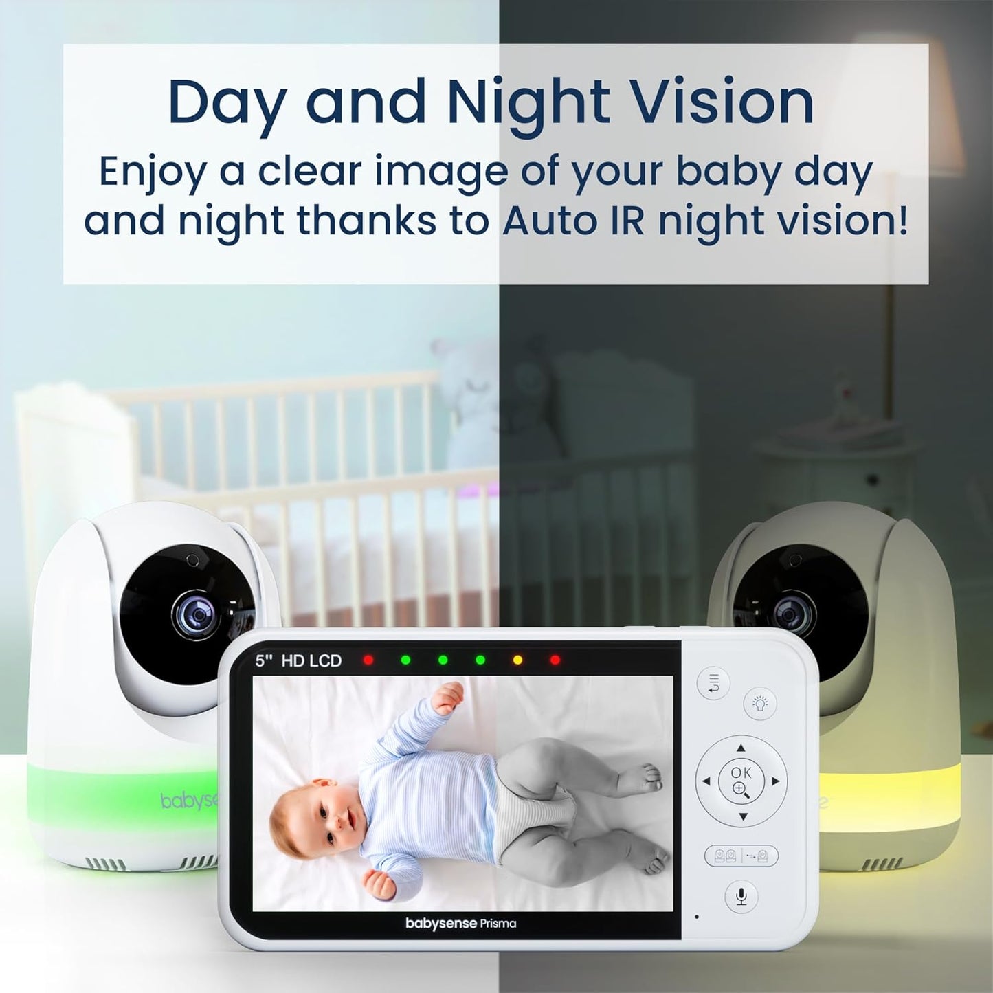 Babysense Prisma Baby Monitor with Camera and Audio, 5” HD Video Baby Monitor with 2 Cameras, 6-Color Night Light, Split Screen, Sound Machine with White Noise & Lullabies, Secure No WiFi