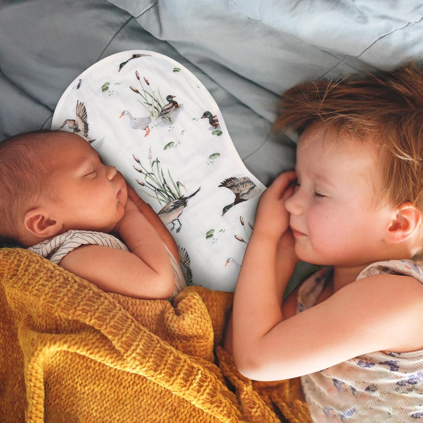 LifeTree Muslin Baby Burp Cloths - 2 Pack 70% Viscose from Bamboo and 30% Cotton Large 22'' by 10'' Absorbent Milk Spit Up Rags - Burping Cloths for Newborn, Girls Boys, MallardDuck & Olive