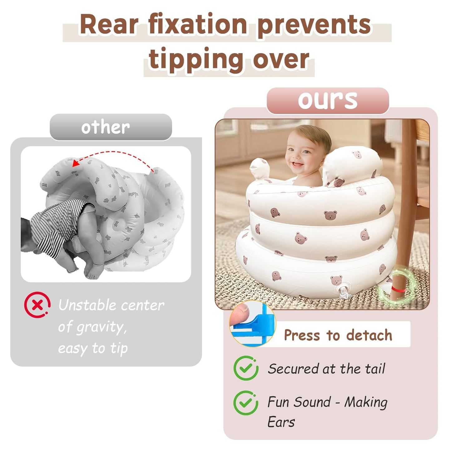 Inflatable Baby Seat for Babies 3-36 Months，[Squeaky Sound & Anti-Fall Design] Inflatable Chair with Sound-Making Ears, Baby Seat for Sitting-Up Practice, Built-in Air Pump (Ear Bear)