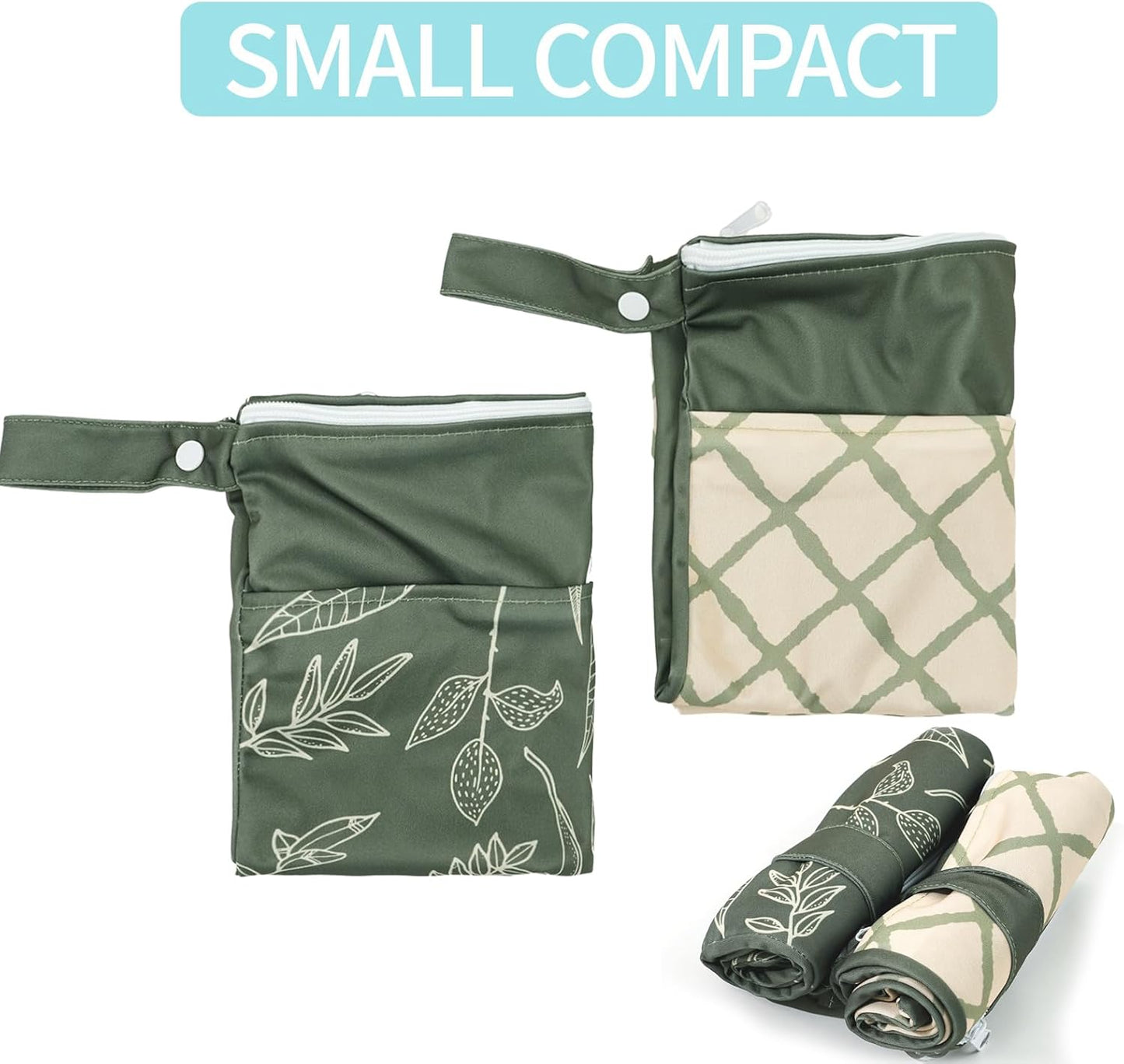 2pcs Wet Bags Waterproof Reusable Wet Dry Bag with Two Zippered Pockets Travel Beach Pool Daycare Yoga Gym Bag for Baby Cloth Diaper,Swimsuits,Wet Clothes (Leaves & Grids)