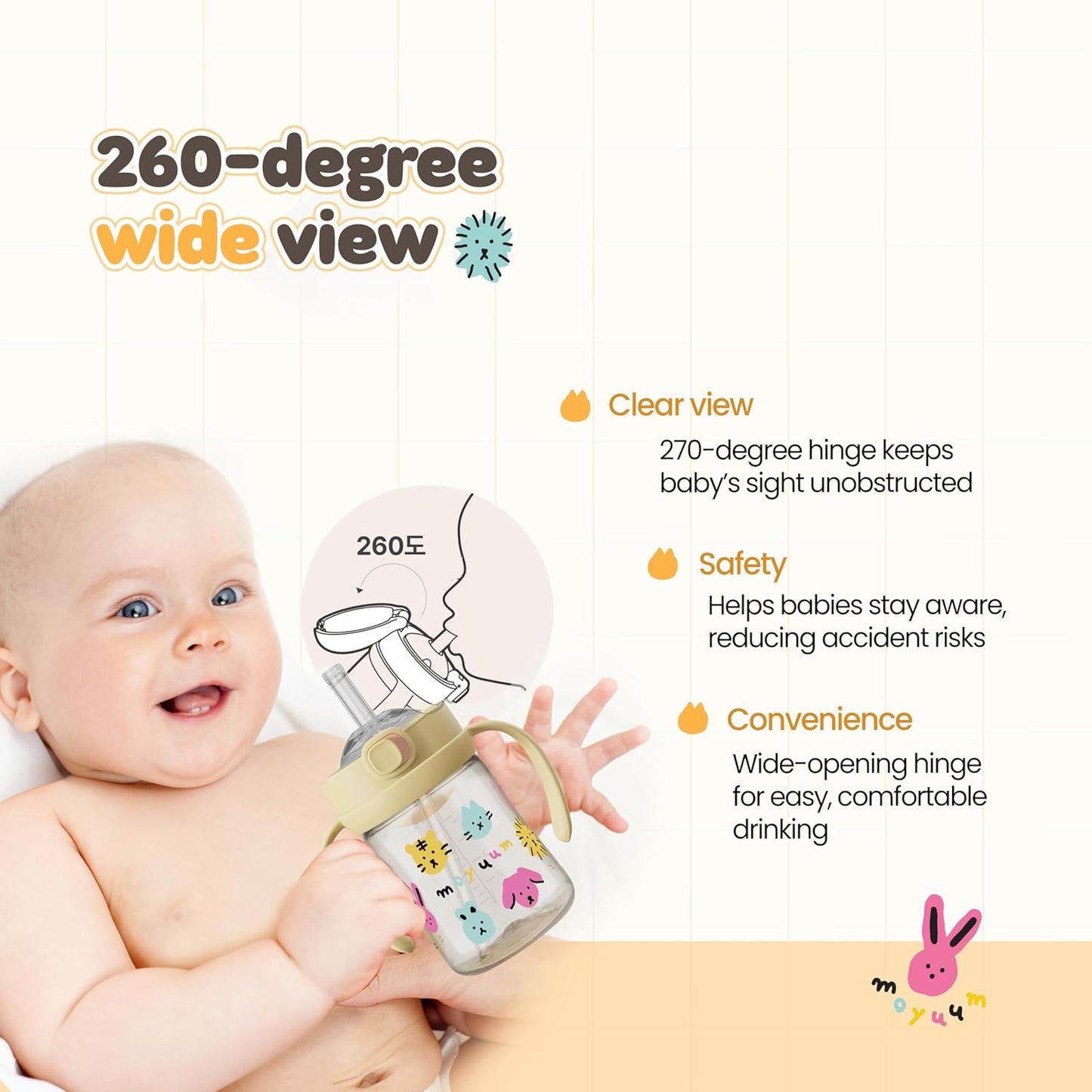 MOYUUM Leak Proof Sippy Cup with Handle | Made in Korea, 100% BPA Free PPSU, Magic No Spill Straw Cup with Attached Flip Top Lid, Easy to Hold for Babies and Toddlers, 6oz Yellow