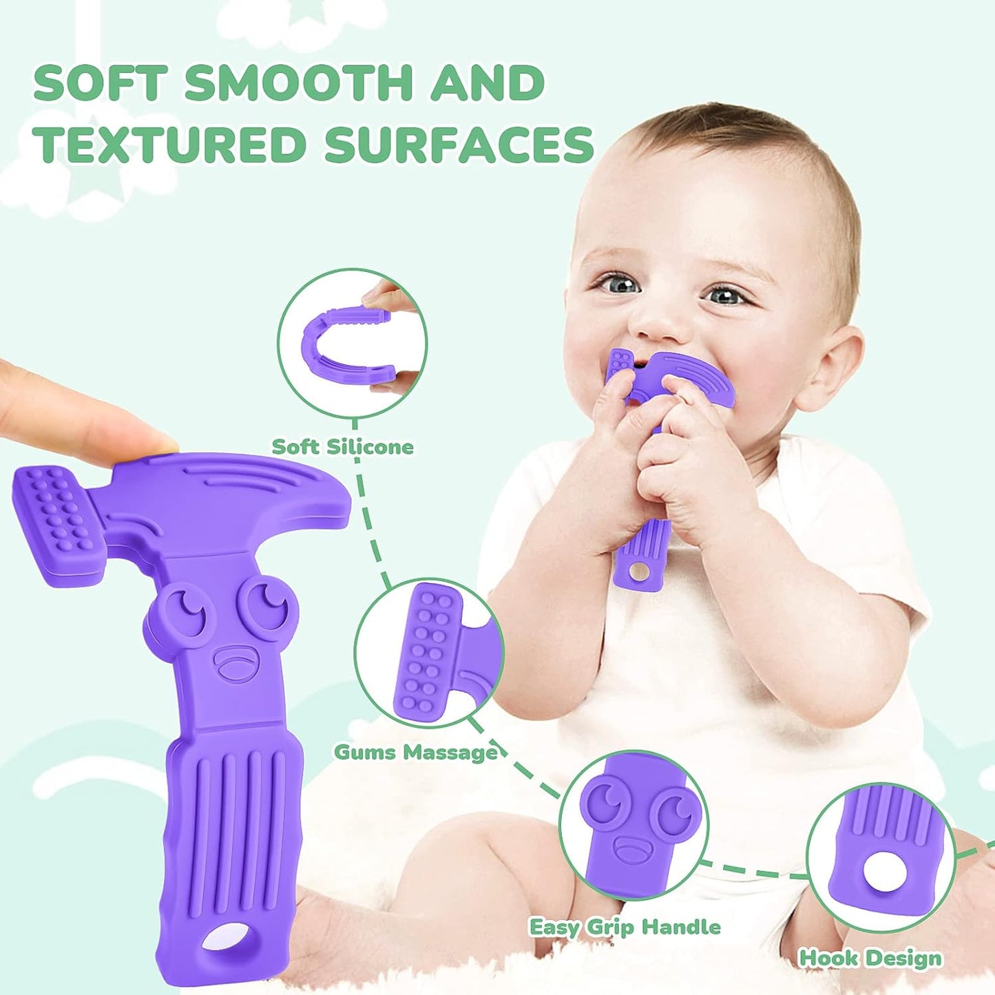 TYRY.HU Baby Teething Toys for Babies, Baby Teether Toys, BPA Free Silicone Baby Molar Teether Chew Toys, Hammer Wrench Spanner Pliers for Boys Girls, Soft-Textured, Easy to Hold & Clean, 4 Packs