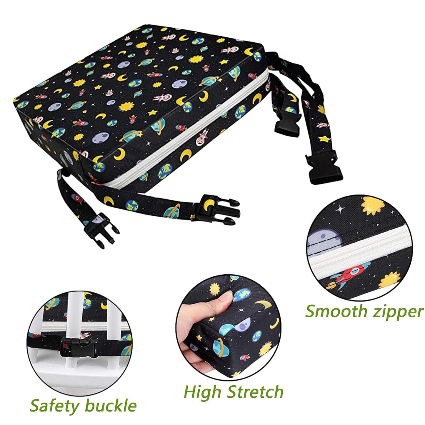 Taeku Booster Seat for Dining Table, Portable Kids Toddler Booster Chair Increasing Cushion Cartoon Seat Pad with 2 Safety Buckles for Kitchen Restaurant (Planet Black)