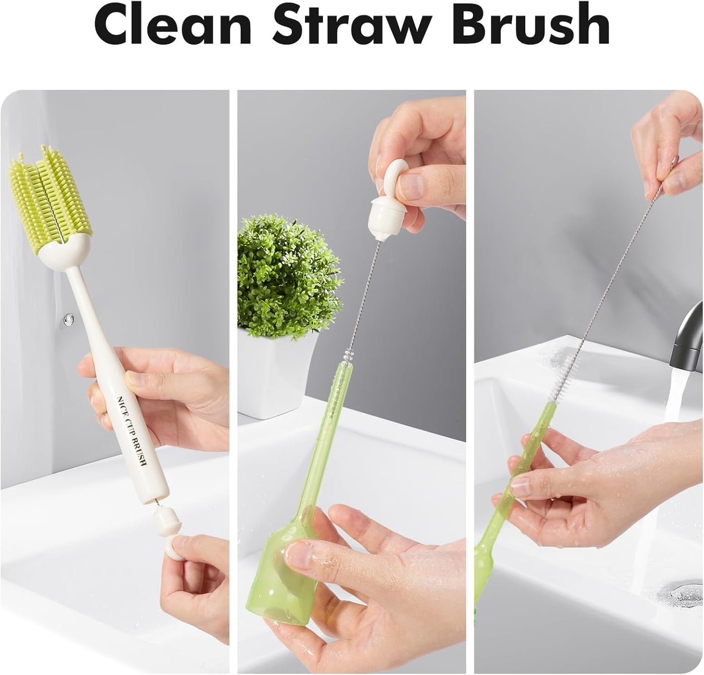 5-in-1 Baby Bottle Brush Kit, Silicone Bottle Brush for Baby Bottle and Breast Pumps, Sponge Nipple Brush with Replaceable Brush Head, Straw Brushes, Grey