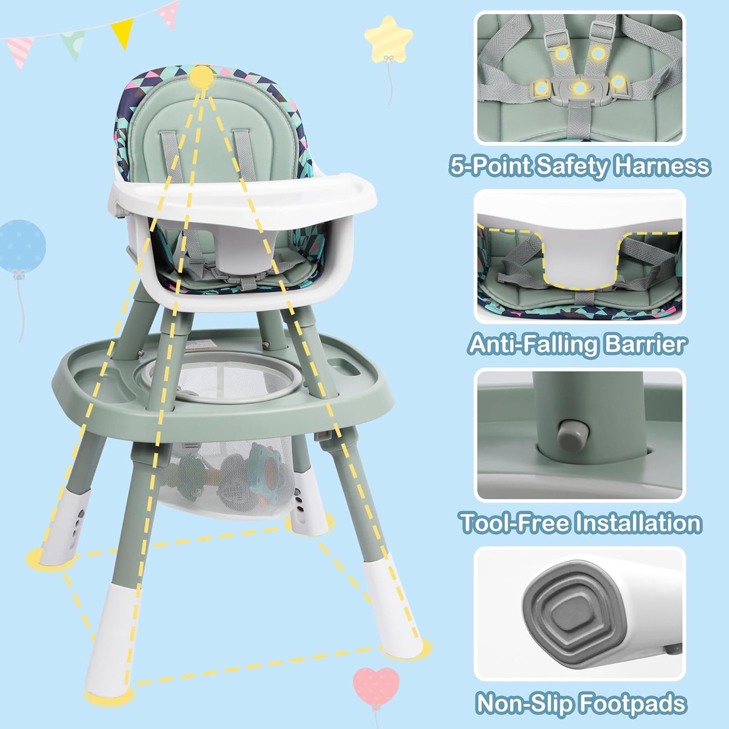 Xilingol 15-in-1 Convertible High Chair, 2-in-1 Baby Highchair & Activity Center W/Toys, Booster Seat | Building Block Table | Toddler Chair W/Removable Tray & 5-Point Harness & 2-Layer Cushion(Green)
