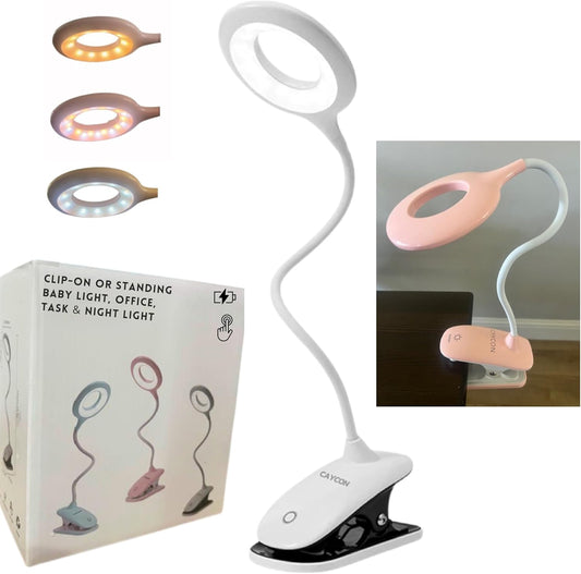 Portable LED Clip On Night Light for Babies, Kids & Adults – Dimmable, Rechargeable, 3-Colors for Nursery, Desk, Crib, Diapers, Reading, Feeding, Bedroom, Office, Task, Car, Music, Travel, Gift
