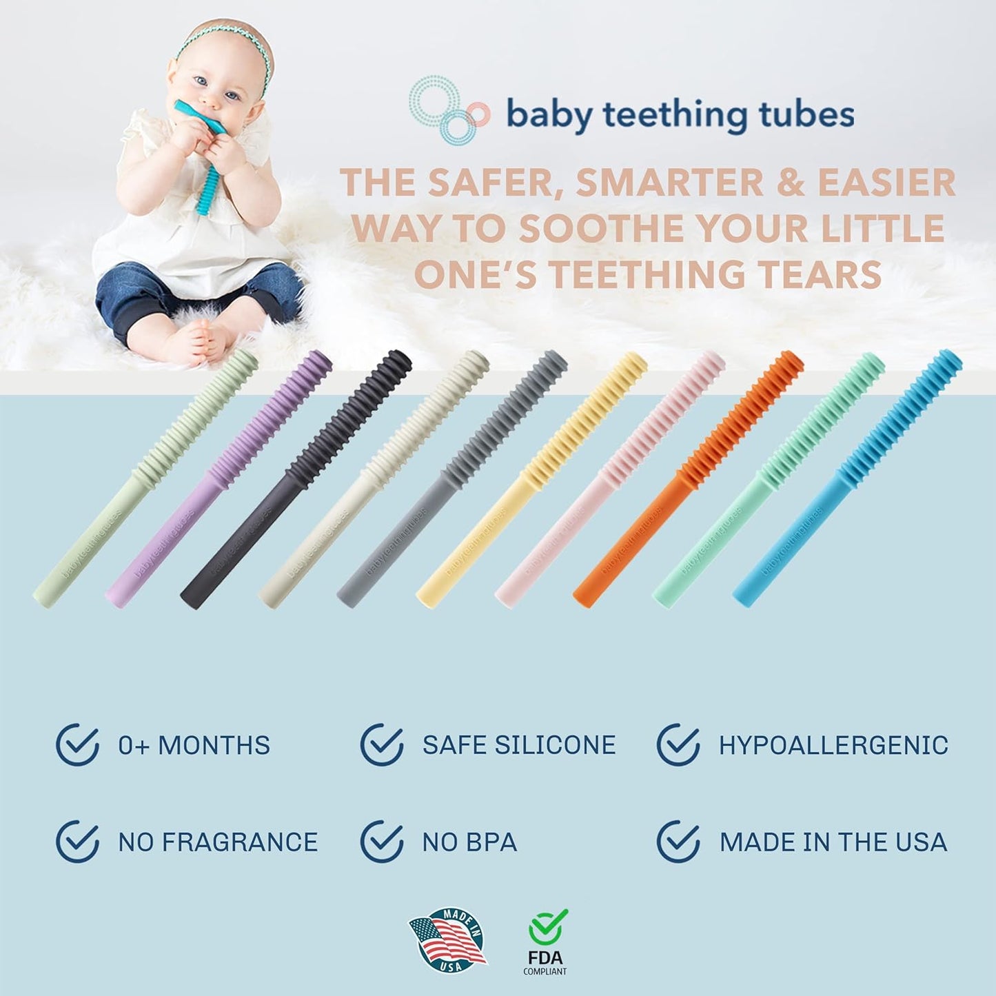 Baby Teething Tubes - Made in The USA Baby Teething Toys - Soft & Durable Infant Toys and Toddler Silicone Teether - 7 Inches, Mint - Baby Must Haves for Teething Relief - Food Safe & Easy to Clean