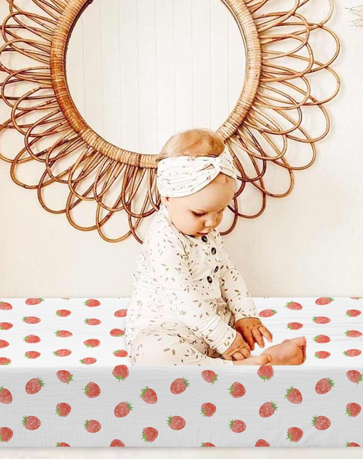 Changing Pad Cover for Baby Boy Girl 2 Pack, Muslin Changing Table Pad Covers with Boho Style, Neutral Nursery Bedding Essentials Soft and Breathable (Strawberry & Pale Pink)