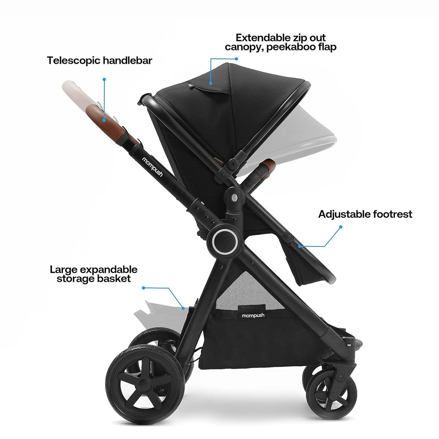 Mompush Ultimate2 Baby Stroller, Premium Convertible Full-Size Stroller for Toddler, Reversible Seat with One Hand Recline Adjustment, Car Seat Adapter Included