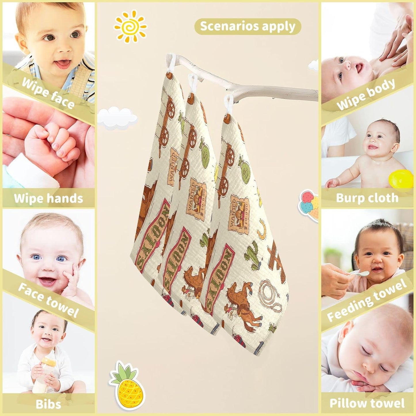 Cowboy Sheriff Burp Cloths for Boys & Girls, 5 Pack Wild West Western Muslin Washcloths Newborn Face Bath Towel Soft Absorbent Cotton Wash Cloth Baby Registry, 12 x 12 Inch