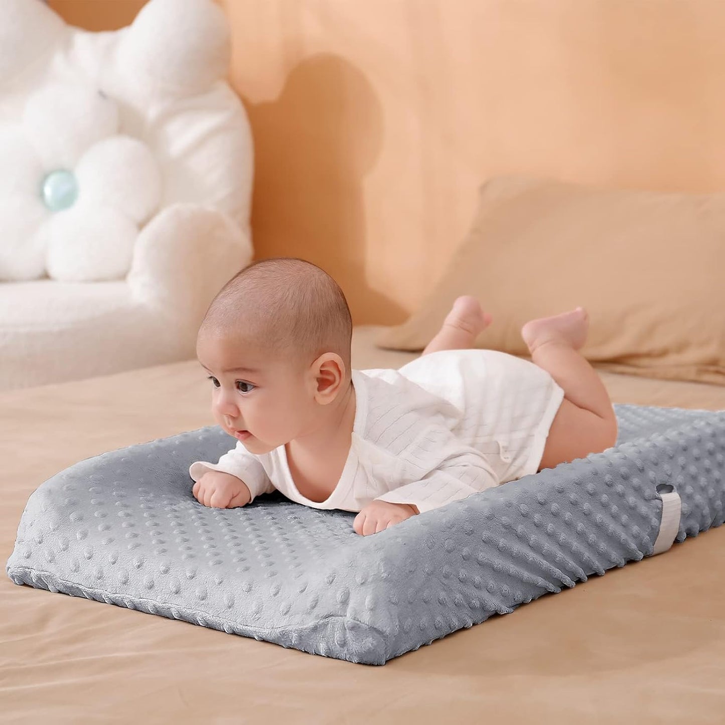 2 Pack Solid Changing Table Pad Cover Cradle Sheet, Fits 32"/34''x16 Contoured Diaper Changing Pad, Dots Plush Changing Table Covers(Beige + Grey)