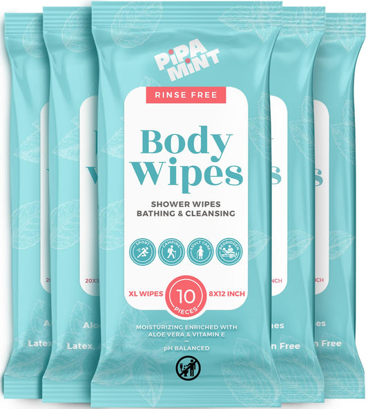 Body Wipes XL Shower Wipes Body Wipe for Adults Bathing, Traveling, Camping, Gym, Car, Elderly, Bedridden - Disposable Washcloths for Adults No Rinse 1 Box, 5 Pack (50 ct)