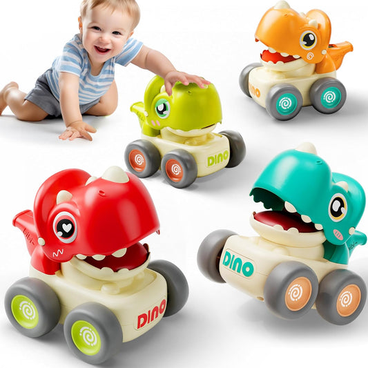 iPlay, iLearn Dinosaur Press to Go Car Toys for Toddlers 1-3, Baby Dinos Racing Cars, Infant Play Whistle Vehicle Set, Push Go Friction Car for 6-9-12-18 Month, 1-2 Years Old Boys 1st Birthday Gift