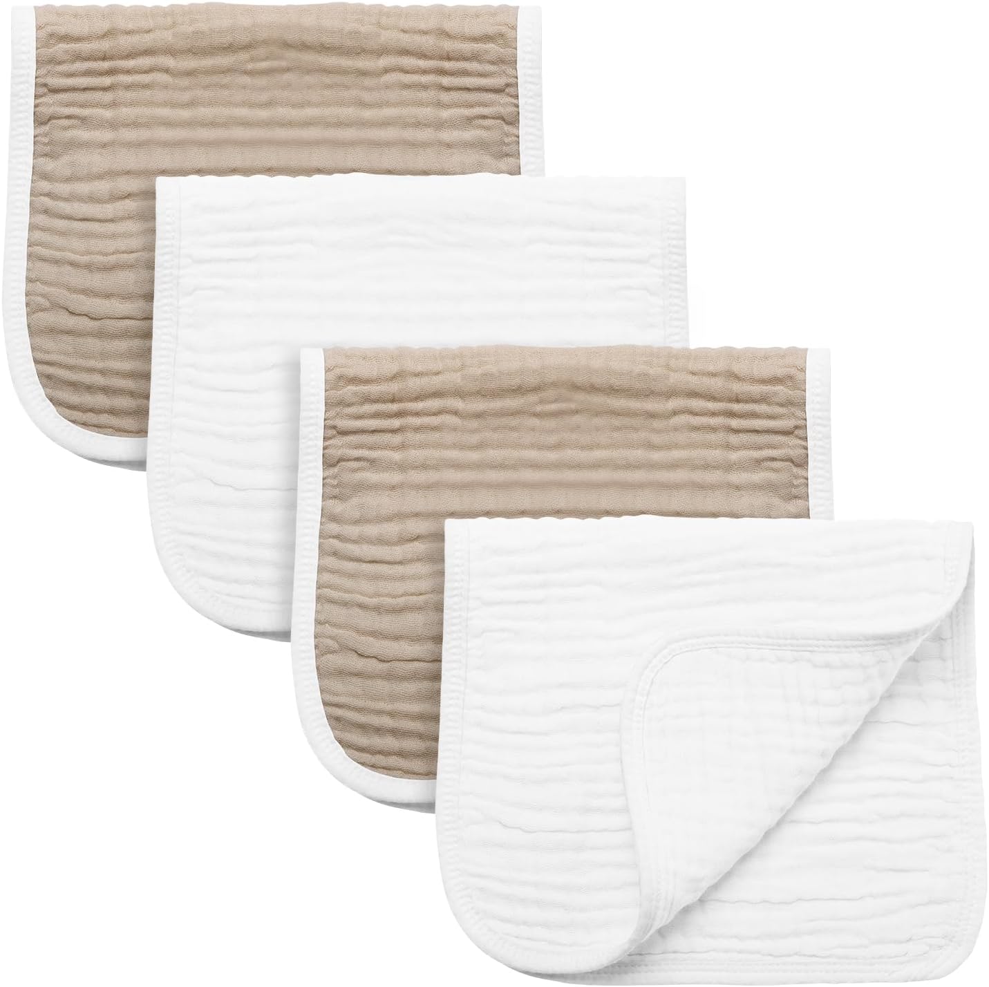Synrroe Burp Cloths Large, Muslin Burp Cloths for Baby Girls and Boys, Pack of 4 Extra Absorbent and Soft Muslin Bibs, 6 Layers 20 by 10 Inches 100% Cotton (White and Brown 4 Pack)