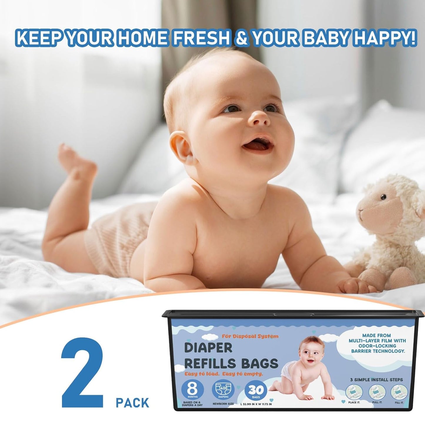 Diaper Pail Refills Bags with 30 Bags Compatible with Genie Easy Roll Signature Diaper Pails and Platinum Diaper Pails, Lasts Up to 8 Months, 7-Layer Odor-Barrier Technology, 2 Packs (60 Bags)